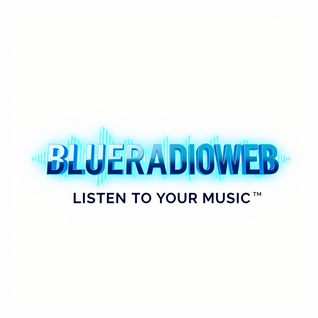 3D Logo idea: 3D logo for BLUERADIOWEB LISTEN TO YOUR MUSIC , a music tech brand, 3D sound wave form, neon blue glow , three-dimensional render, realistic depth and