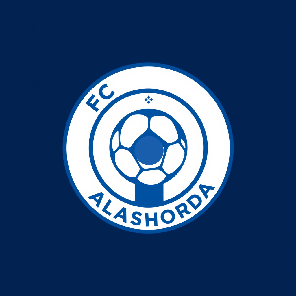 Main logo studio: Simple round football club logo for FC ALASHORDA. Circular badge, clean and minimal design, blue and white colors, simple football symbol in the cente