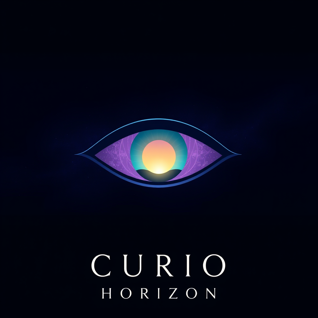 Main logo studio: Create a breathtaking logo for “CURIO HORIZON”. Deep midnight-blue cosmic background with a soft violet nebula and tiny stars. One elegant eye-shaped 