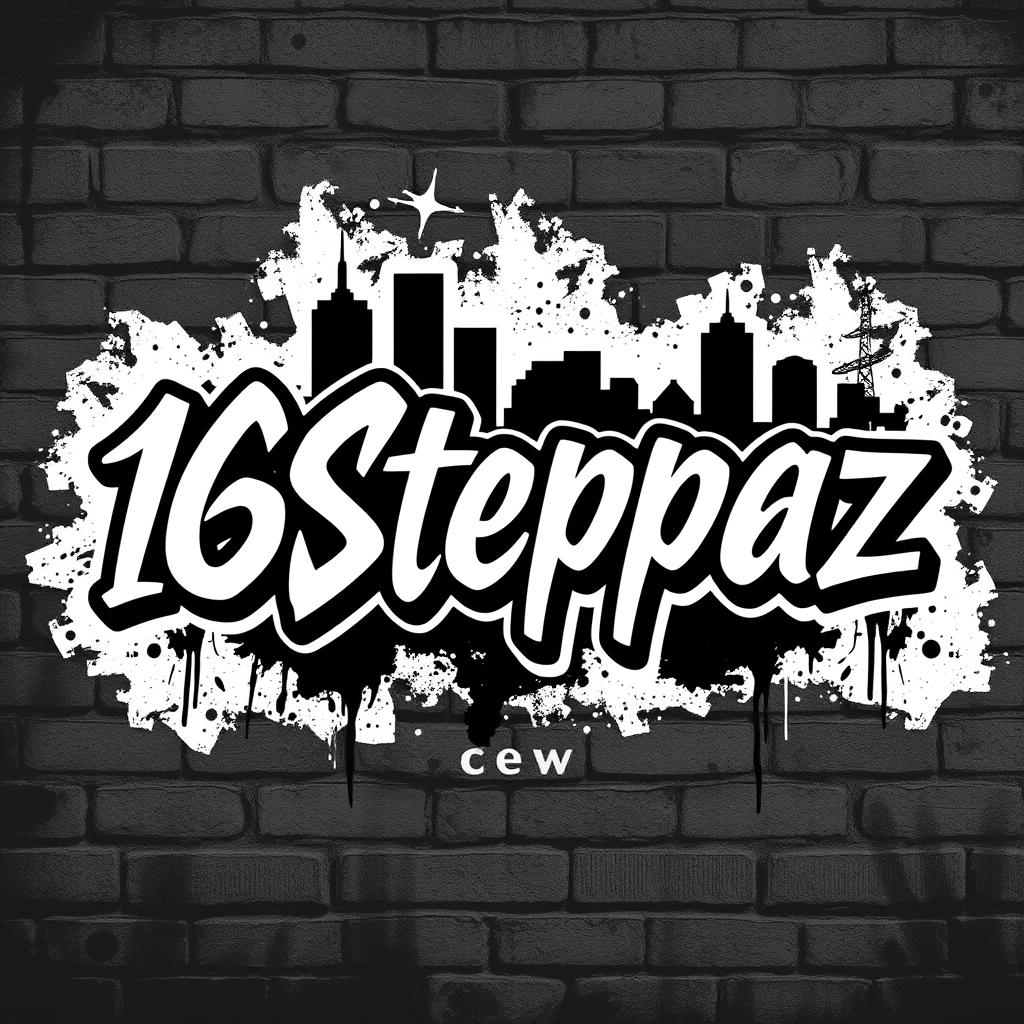 Main logo studio: Authentic American street crew logo for “16Steppaz”. Raw human-designed look, inspired by underground streetwear and 2000s crew graphics. Bold custom