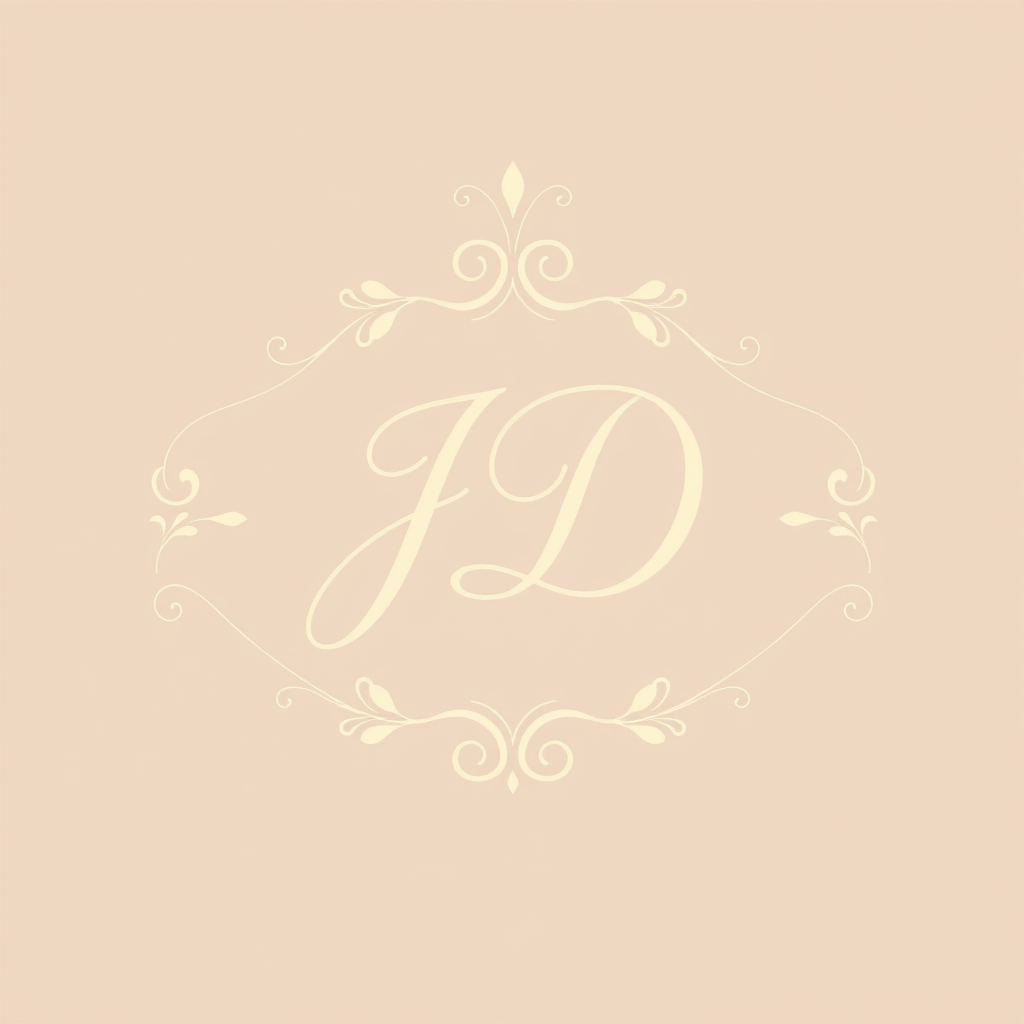 Main logo studio: Logo épuré et élégant pour la vente de pâtisserie. Écriture de type handwriting des initiales J D en doré. Decorations élégante en dessus et en dessou