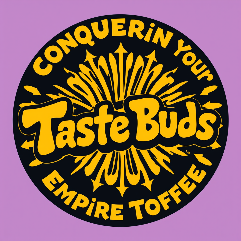 Main logo studio: Funky psychedellic logo with Conquering Your Taste Buds as the prominant text, smaller text Empire Toffee. Color scheme Gold and Black