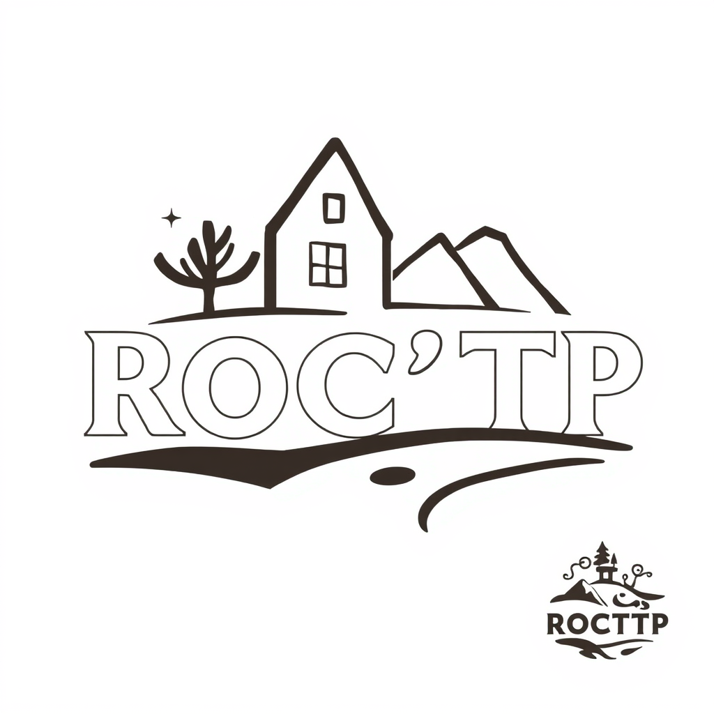 Main logo studio: logo ROC'TP entreprise terrassement croquis micro pelleteuse