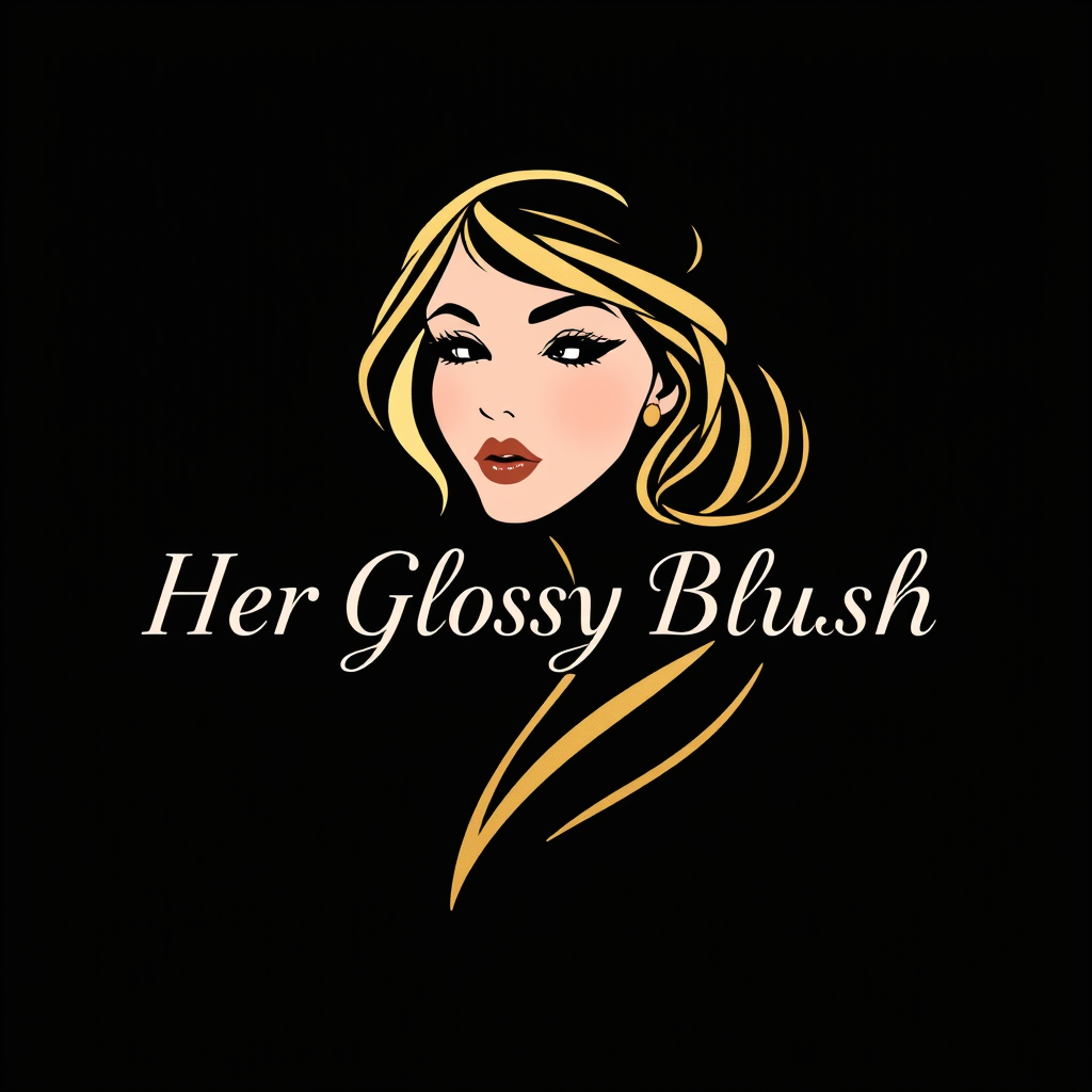 Main logo studio: i wanted a logo for my cosmetics store named 'Her Glossy Blush' with black and gold theme with a girl's pic too like a drawing and professional