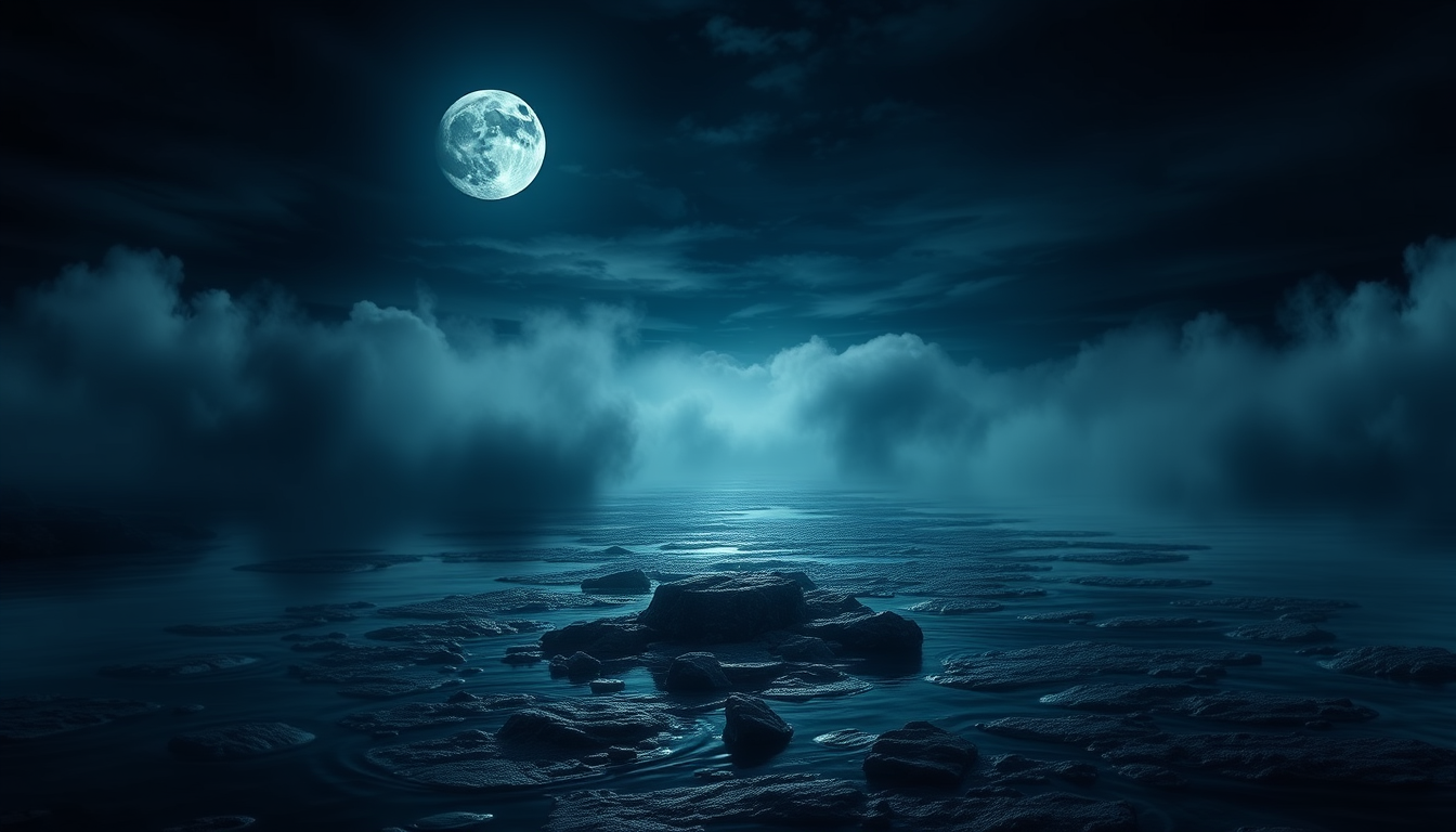 Main logo studio: Create an image of a mysterious, dark river with the moon,samano
