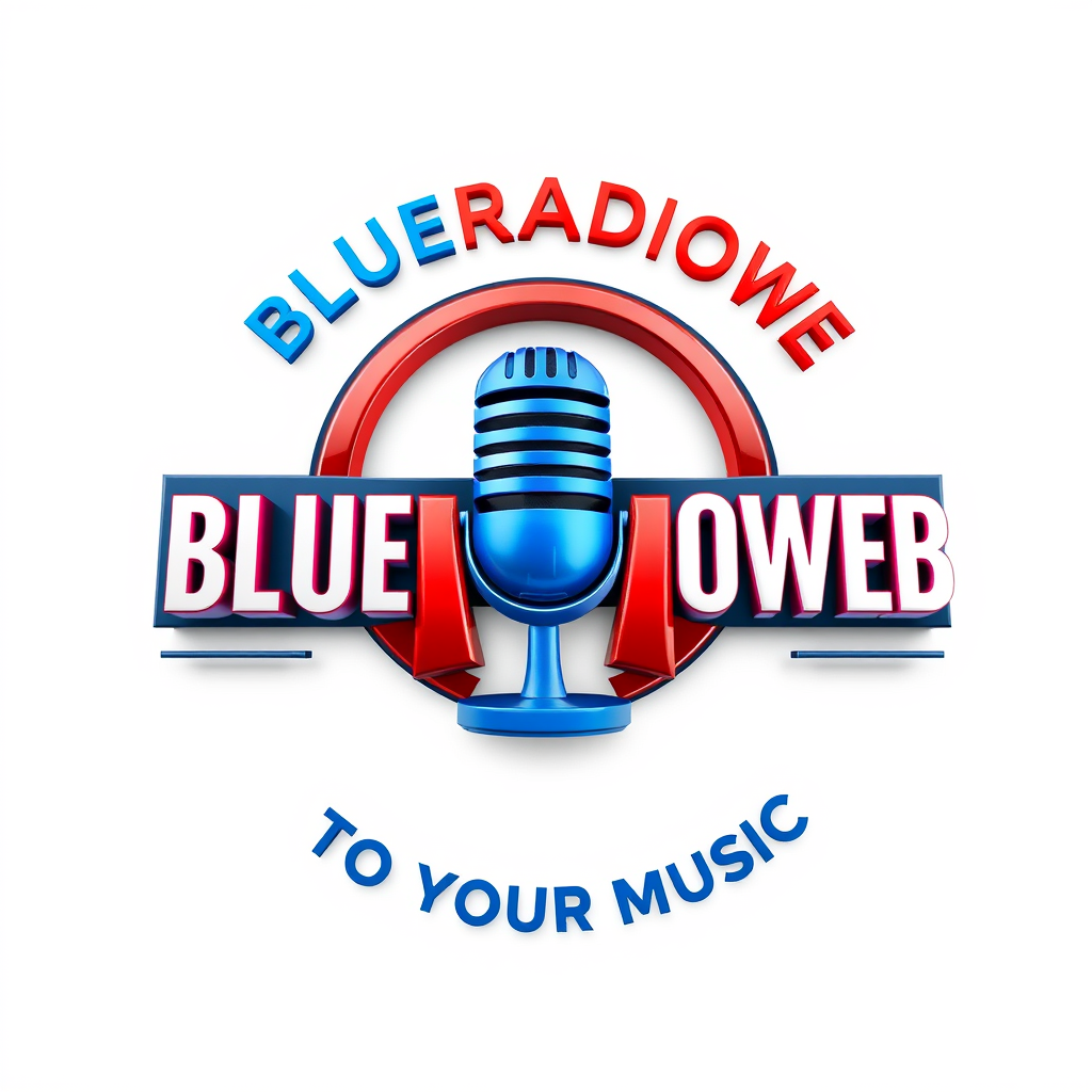 3D Logo idea: 3D logo for BLUERADIOWEB LISTEN TO YOUR MUSIC a music brand blue red white , three-dimensional render, realistic depth and shadows, glossy or metallic