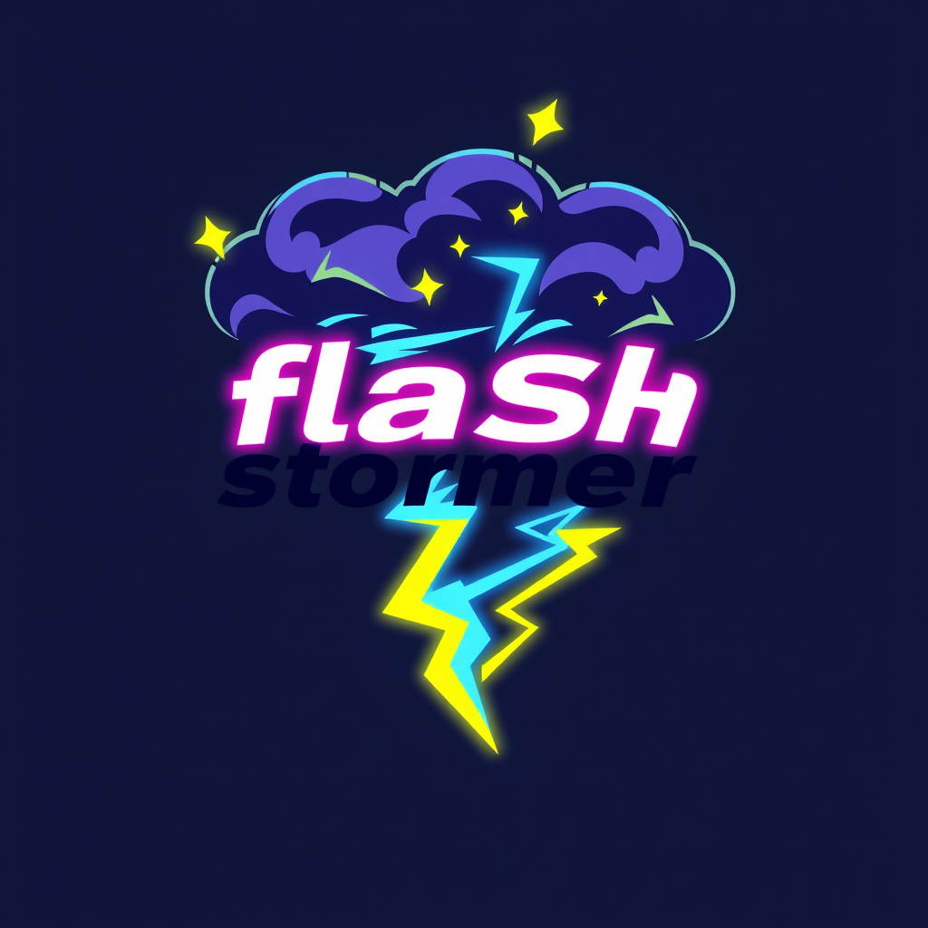 Main logo studio: flash stormer simples logo mit flASH stormer aufschrift drei farbig lila neongelb dunkelblau tornado bestehend aus blitzen ohne sterne mehr blau ohne