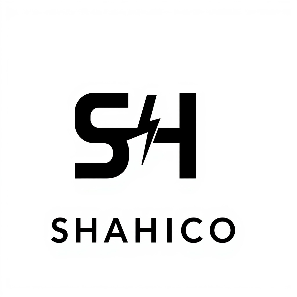 Main logo studio: Create a minimalist premium logo for "SHAHICO", an industrial electrical company. Combine the letters "SH" creatively with industrial electrical symbo