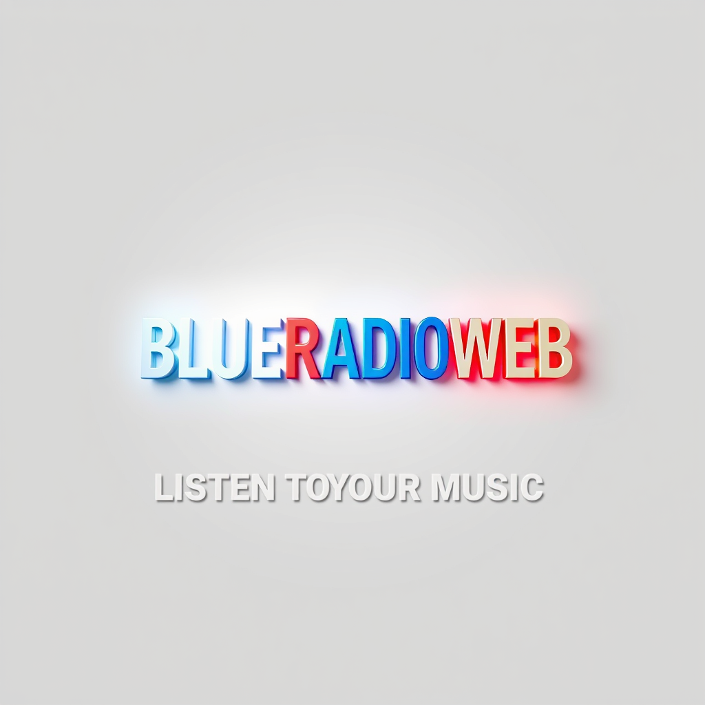 3D Logo idea: 3D logo for BLUERADIOWEB LISTEN TO YOUR MUSIC a music tech brand, sound form white blue red , three-dimensional render, realistic depth and shadows, g