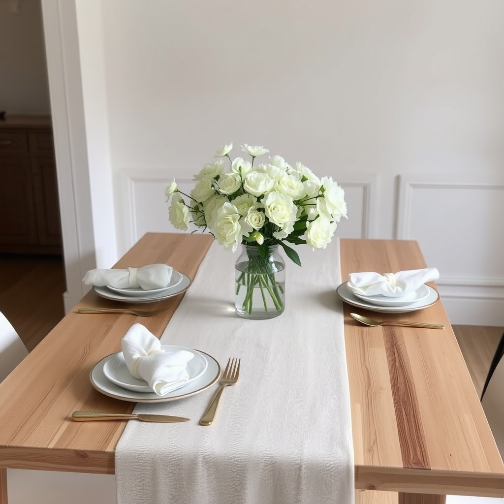 Main logo studio: Create a calm and elegant dining table using a palette of cream, beige, white, and soft natural wood. Add a linen table runner, ceramic plates, folded