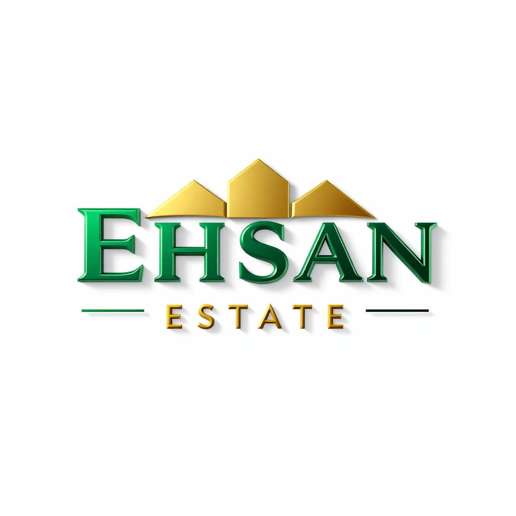 3D Logo idea: 3D logo for Ehsan Estate, Property developer, logo color emarald green mix with champagne gold , three-dimensional render, realistic depth and shadows