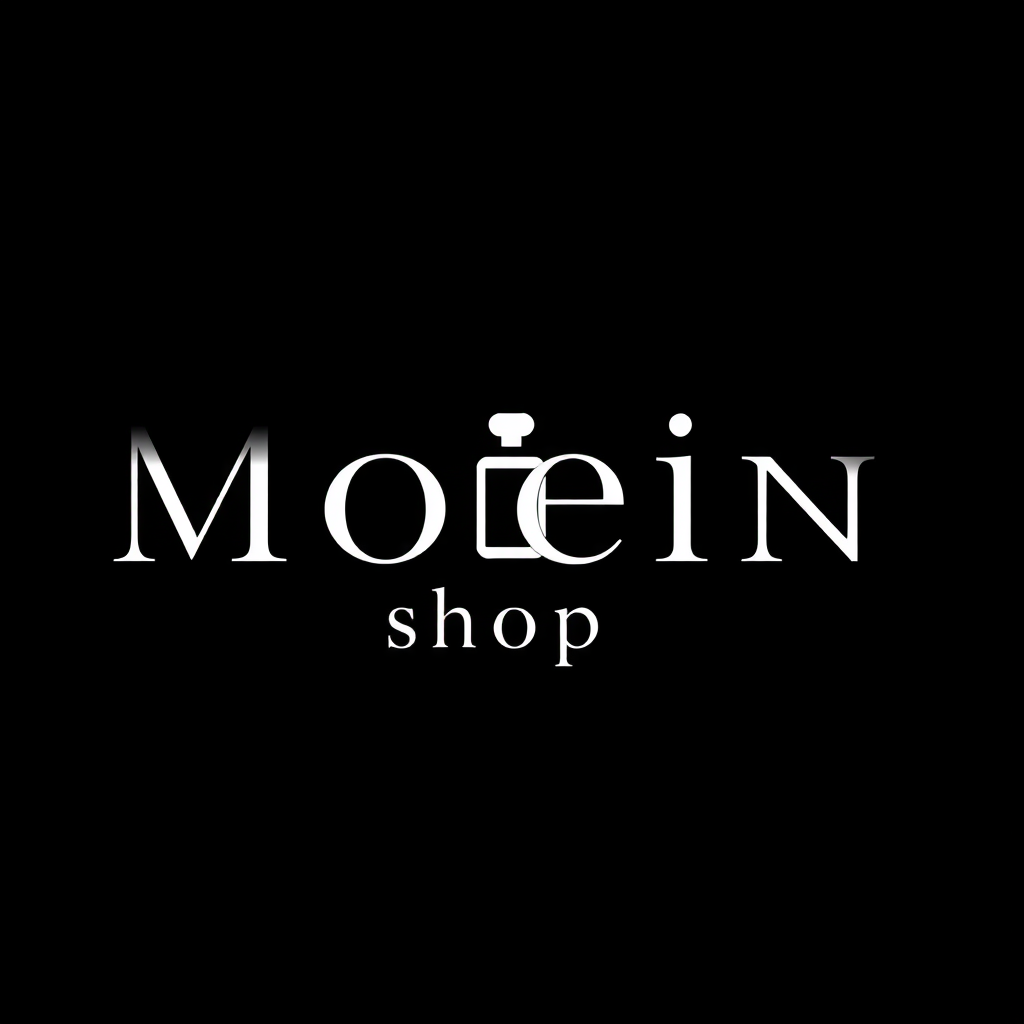 Main logo studio: Create a minimalist luxury logo for a cosmetics and personal-care store called “Moein shop”. Black background, elegant white typography, premium beaut