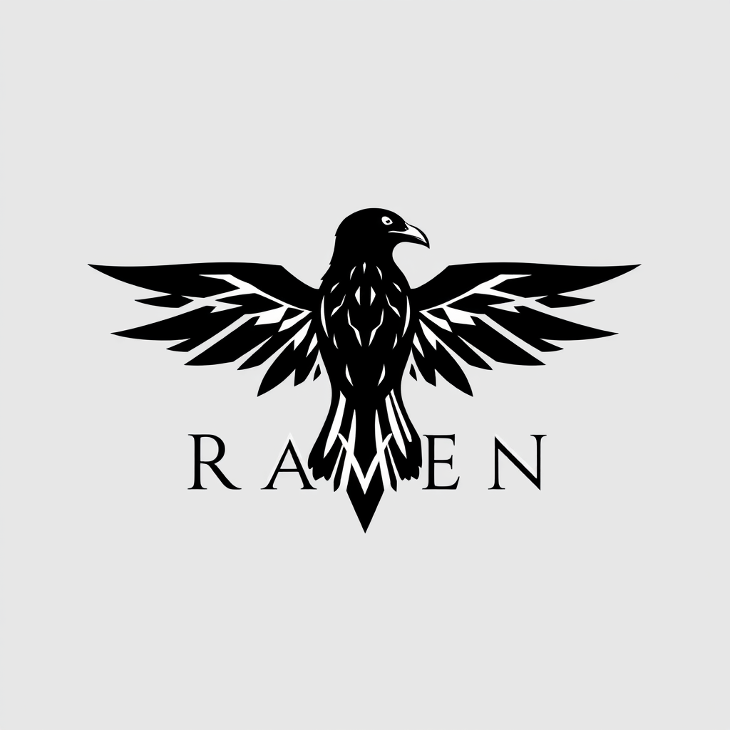 Main logo studio: RAVEN streetwear, bold black raven silhouette, sharp geometric wings, minimal luxury fashion logo, aggressive but elegant, black and white, clean vect