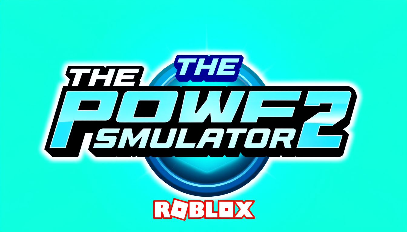 Main logo studio: Gaming logo for "THE Power Simulator 2", bold futuristic typography, bright cyan and turquoise background, energetic glowing power effect, clean profe