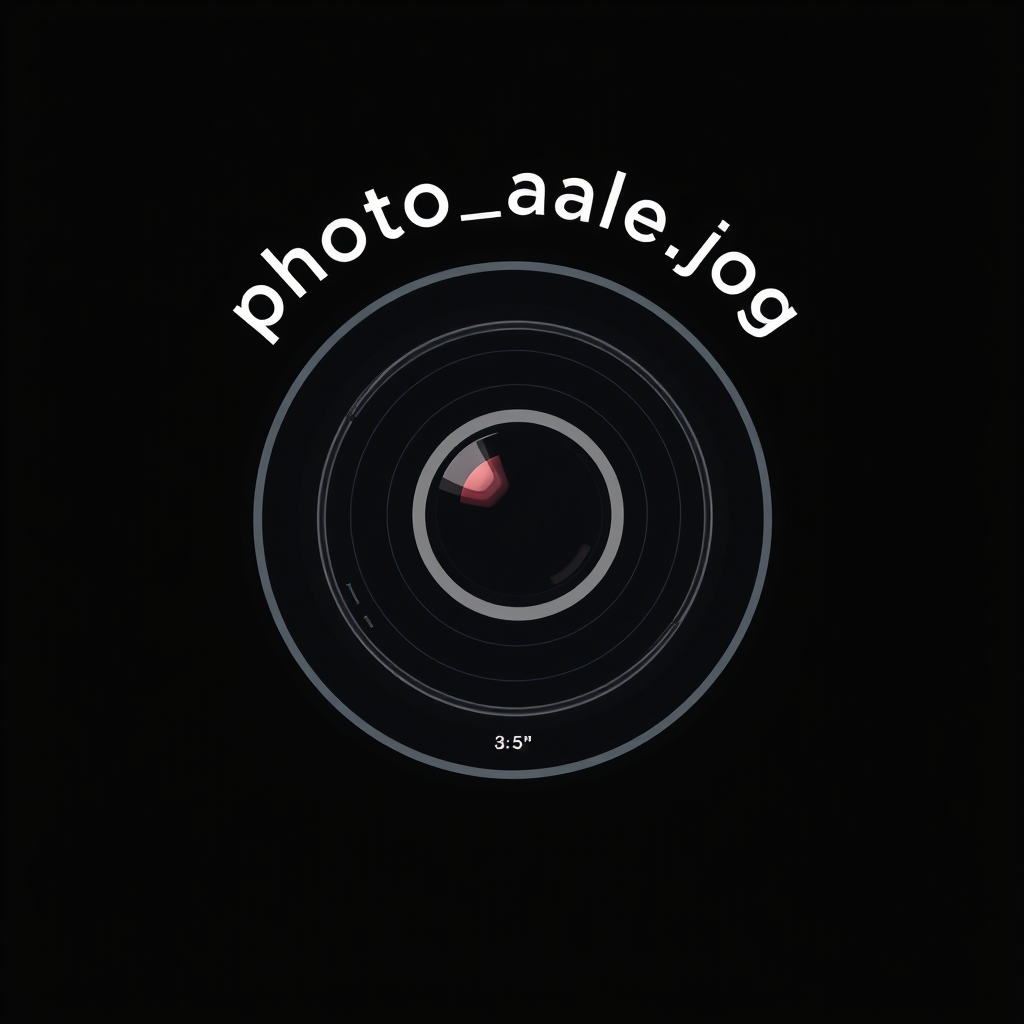 Minimalist Logo idea: minimalist logo, simple geometric mark for Logo for "photo_ale.jpg" featuring a premium camera lens. Place "photo_ale.jpg" around the lens like authen