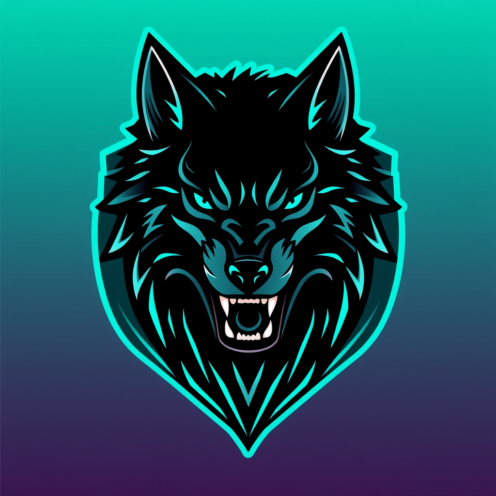 Main logo studio: bold esports team emblem logo, a roaring wolf head, black and neon teal
