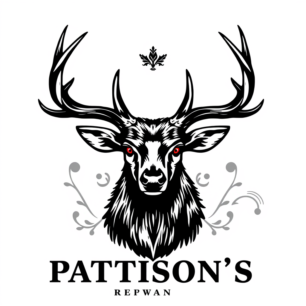 Vintage Logo idea: vintage retro logo for Pattison's whisky, paisley pattern black and white, classic traditional and authentic malt whisky, very Scottish design like pa