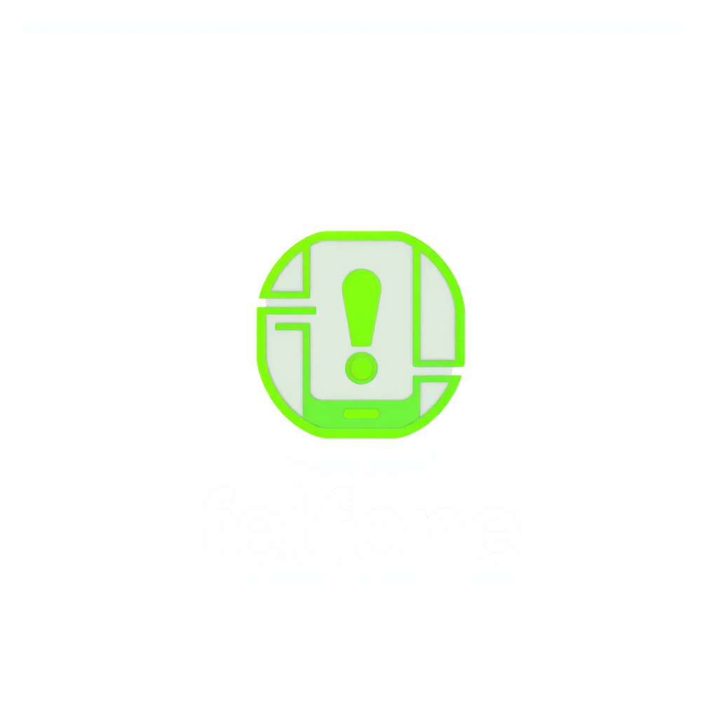 Main logo studio: Minimalist original green tech logo for "felfone". Combine smartphone communication, speed lines and an abstract exclamation mark inside a rounded geo