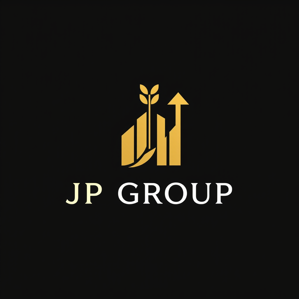 Main logo studio: Design a modern corporate logo using geometric shapes that combine three concepts: a wheat stalk, a building silhouette, and an upward investment arro