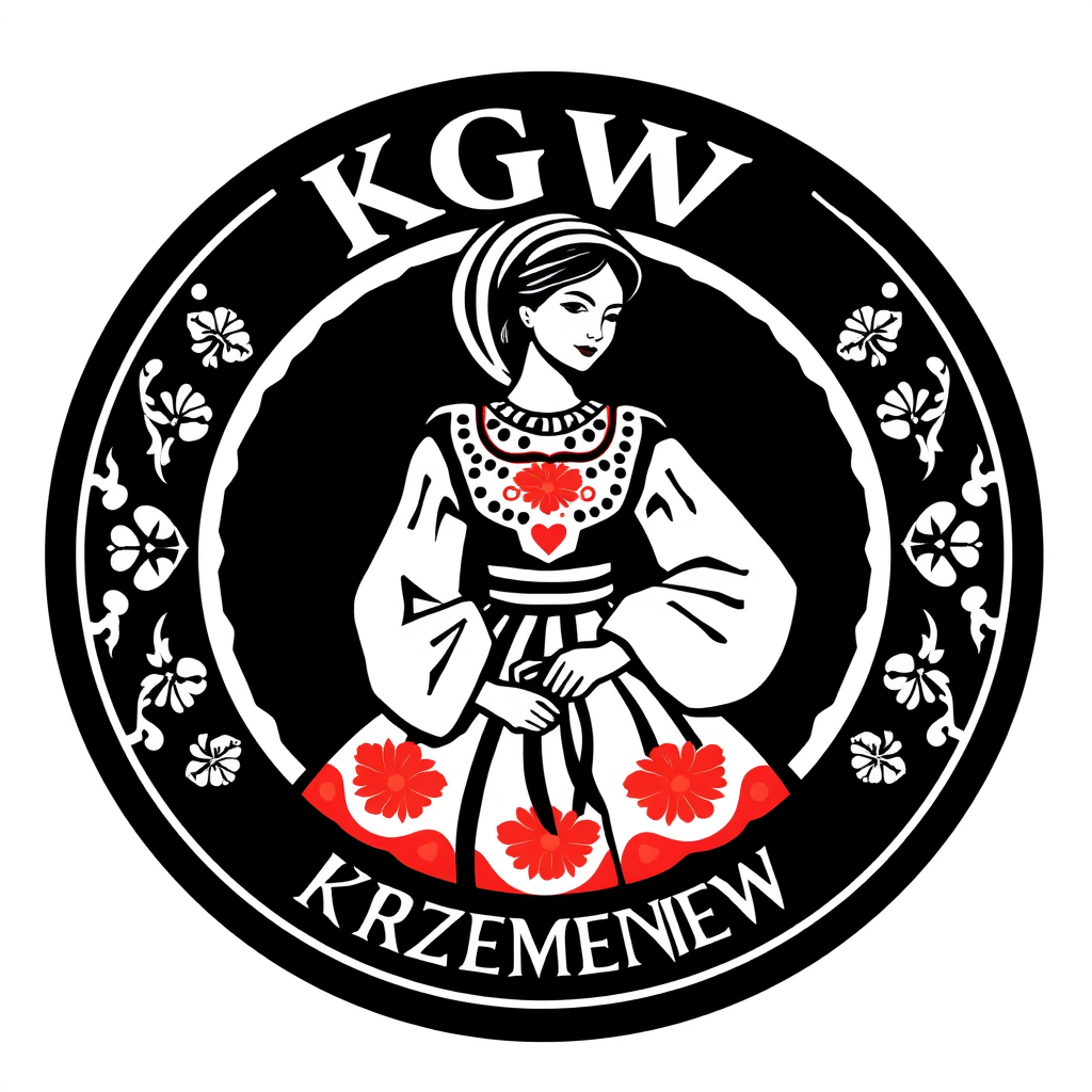 Main logo studio: Stwórz radosne logo dla „KGW Krzemieniew”. Polski folklor inspirowany wzorami łowickimi. Dodaj stylizowaną wiejską kobietę w czarnej spódnicy w czerwo