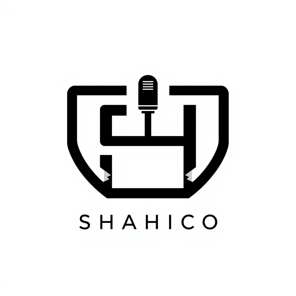 Main logo studio: Create a sophisticated minimalist logo for "SHAHICO". Design a unique abstract "SH" monogram using negative space and subtle industrial electrical cir