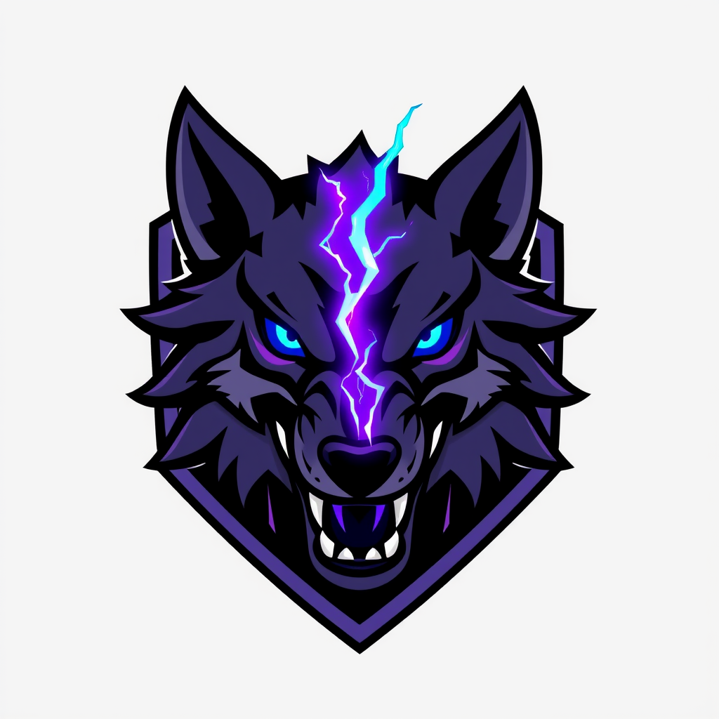 Main logo studio: Fierce esports mascot icon, front-facing symmetrical wolf head mid-roar, exposed sharp fangs, jagged angular fur spikes, glowing electric cyan eyes. H