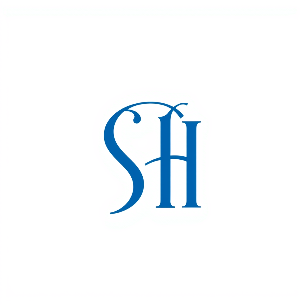 Monogram Logo idea: monogram logo combining the letters SH in blu chiaro , elegant intertwined letterforms, flat vector logo, centered, solid white background, high contr