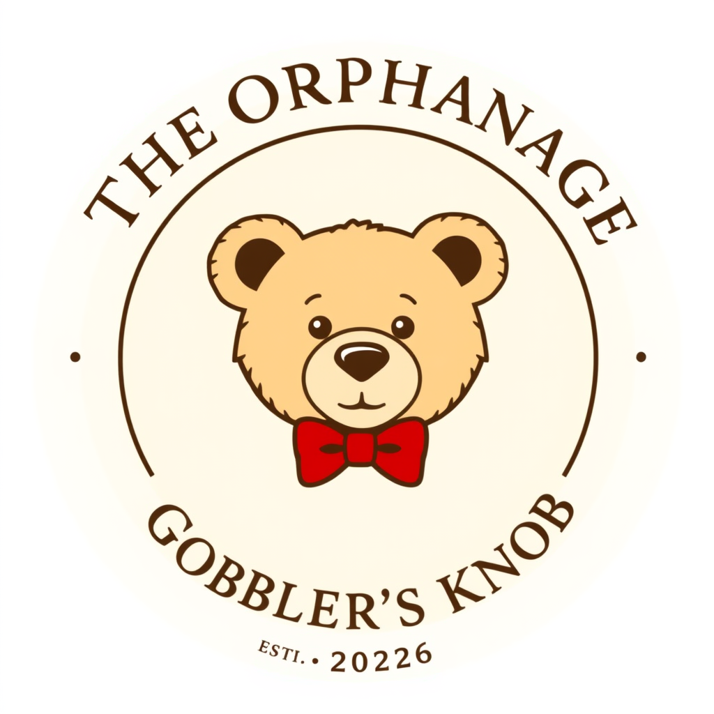 Main logo studio: a circular crest with a light tan teddys bear's face and red bow tie in the center. Arch "The Orphanage" over the top and "Gobbler's Knob" arched acro