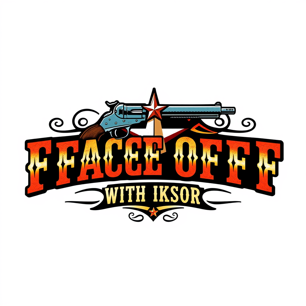 Vintage Logo idea: vintage retro logo for "Face Off with Iksor" With hollywood western style. For a vintage comic book. A colorful logo with gun, western font and a sher