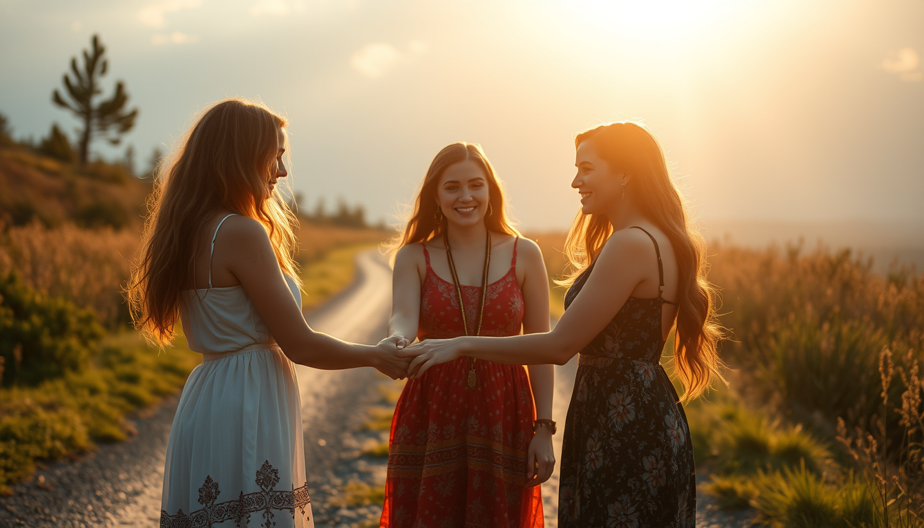 Main logo studio: A mysterious encounter on a sacred road… Three women meet, and a simple handshake awakens a divine connection. Golden light, natural energy and mystic