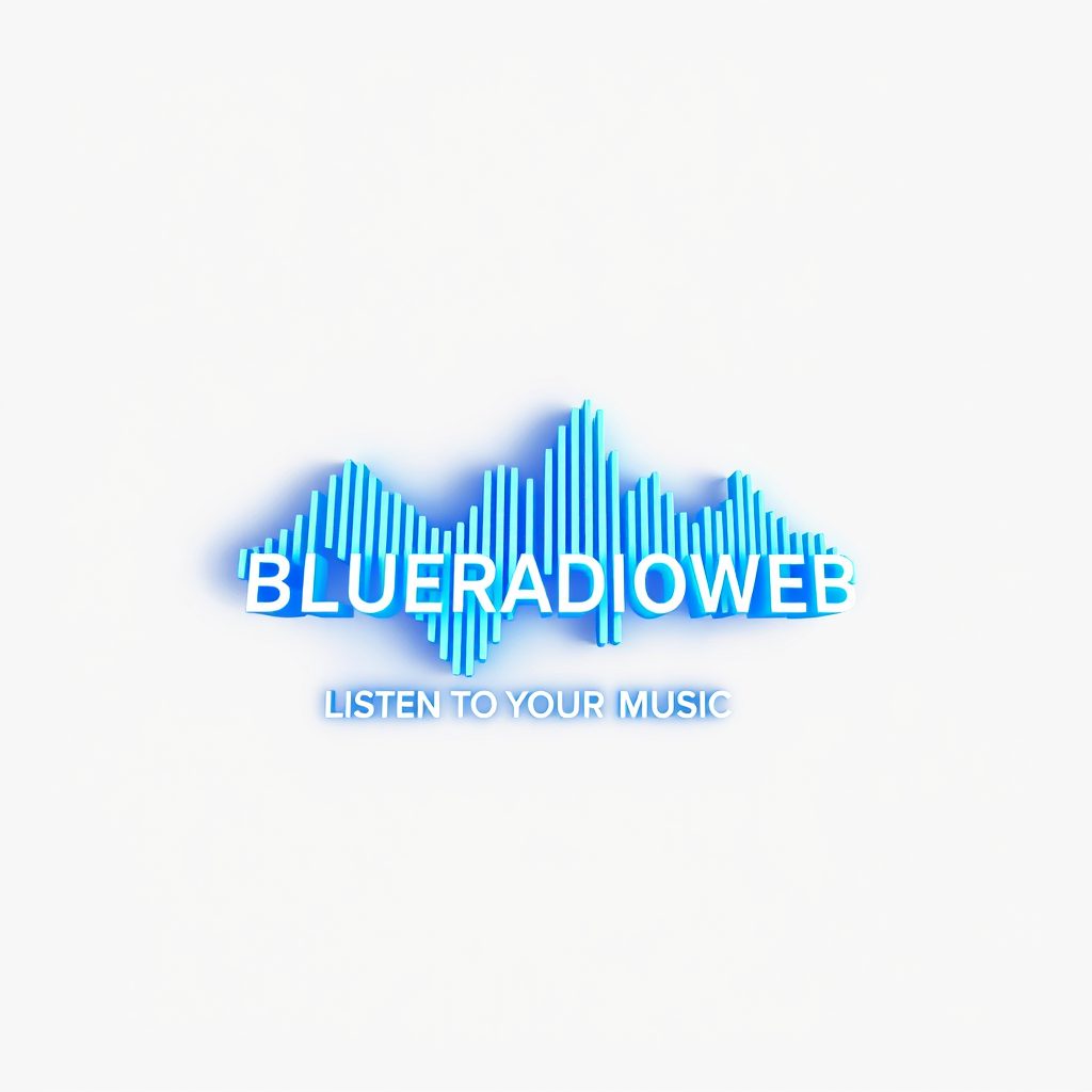 3D Logo idea: 3D logo for BLUERADIOWEB - LISTEN TO YOUR MUSIC - a music tech brand, 3D sound wave form, neon blue glow , three-dimensional render, realistic depth a
