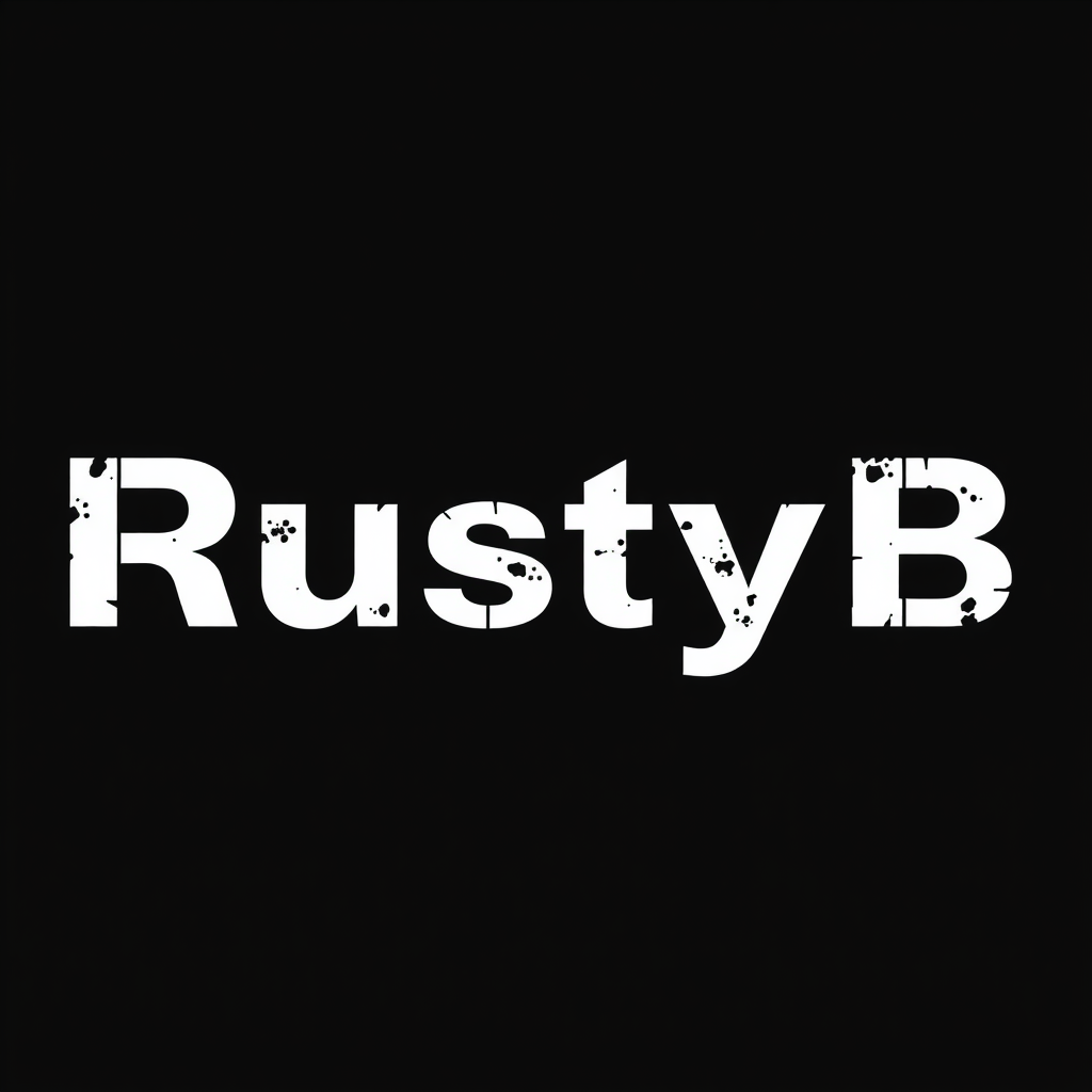 Main logo studio: Logo black and white, "RustyB" no block letters, letters are black and just white around the letters, and it makes it like the letters are rusty, no b
