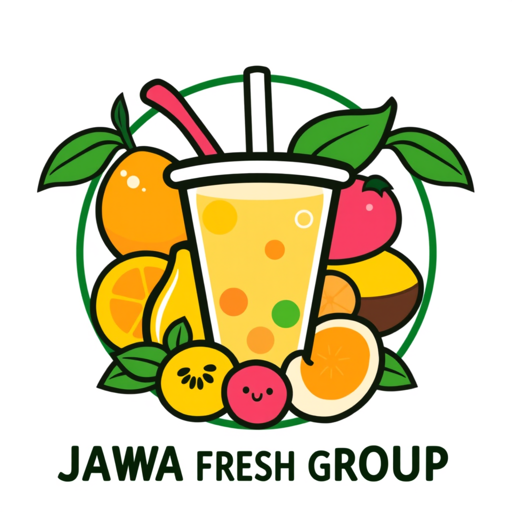 Main logo studio: Jawa Fresh Group, modern Indonesian beverage brand logo. Create a bold fresh emblem featuring a stylized colorful drink cup surrounded by simple tropi