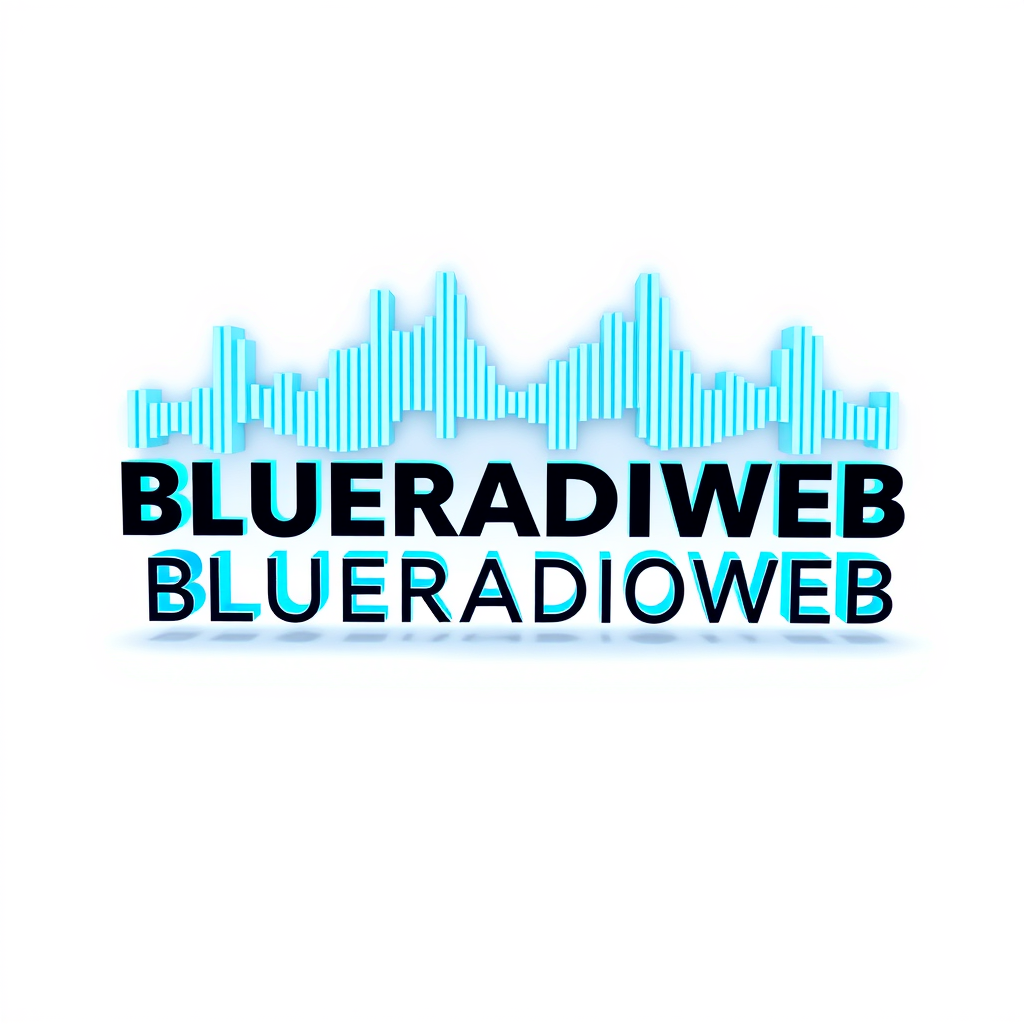 3D Logo idea: 3D logo for BLUERADIOWEB - LISTEN TO YOUR MUSIC a music tech brand, 3D sound wave form, neon blue glow , three-dimensional render, realistic depth and