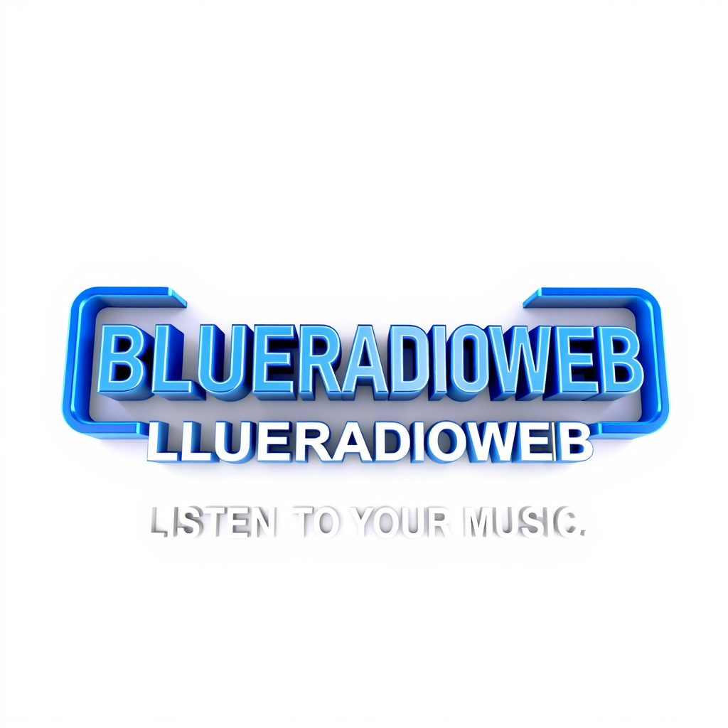 3D Logo idea: 3D logo for Générer un logo radio 3D au nom de BLUERADIOWEB écrit en blanc dans un cadre de couleur bleu foncé avec le slogan LISTEN TO YOUR MUSIC écr