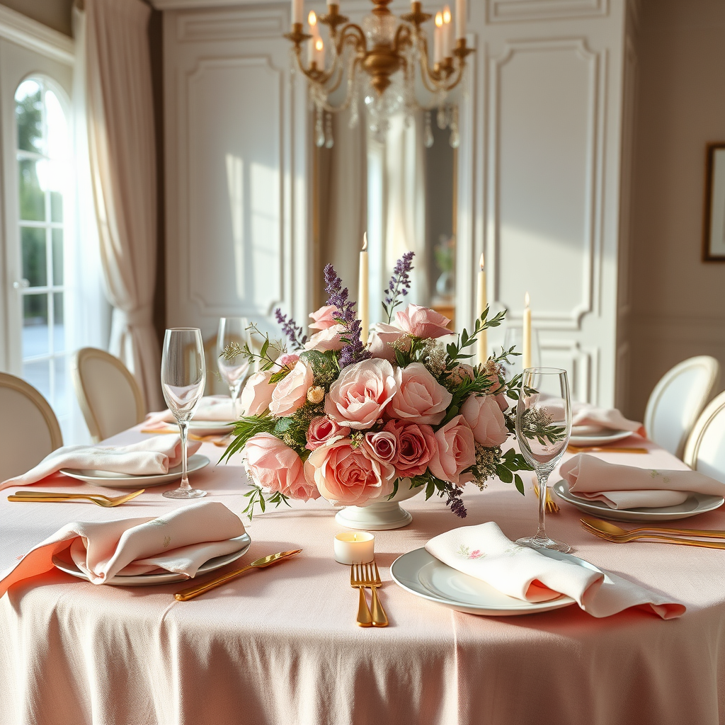 Main logo studio: Create a photorealistic, romantic dining table inspired by an elegant European garden brunch. Use a soft palette of blush pink, pastel pink, ivory, an