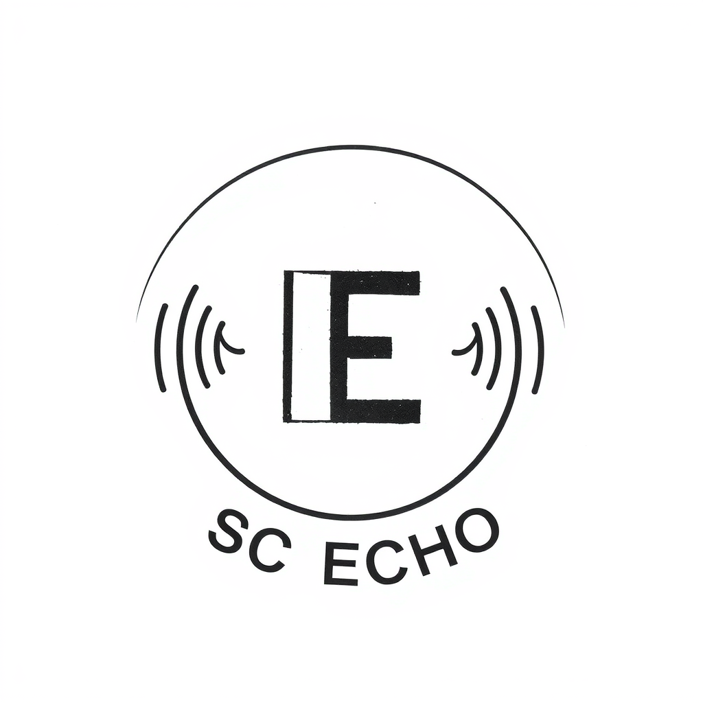Main logo studio: Create a simple, hand-drawable logo for **“SQC ECHO”**. Design a clean circular emblem with a bold letter **E** in the center. Add 2–3 simple curved e
