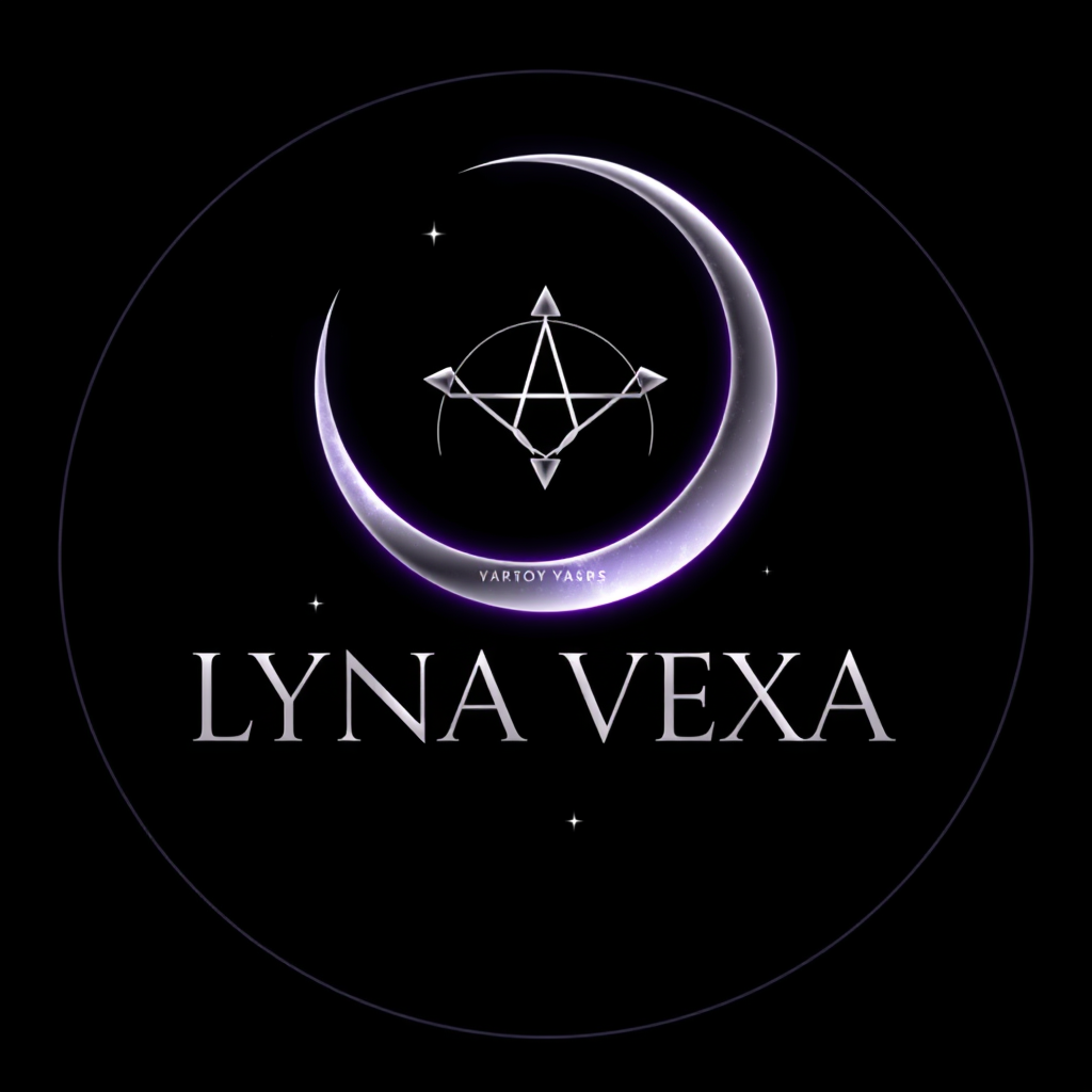 Main logo studio: A mysterious and luxurious cosmic logo for “LYNA VEXA”. Deep black background with a sleek crescent moon merged with an abstract celestial symbol. Sub