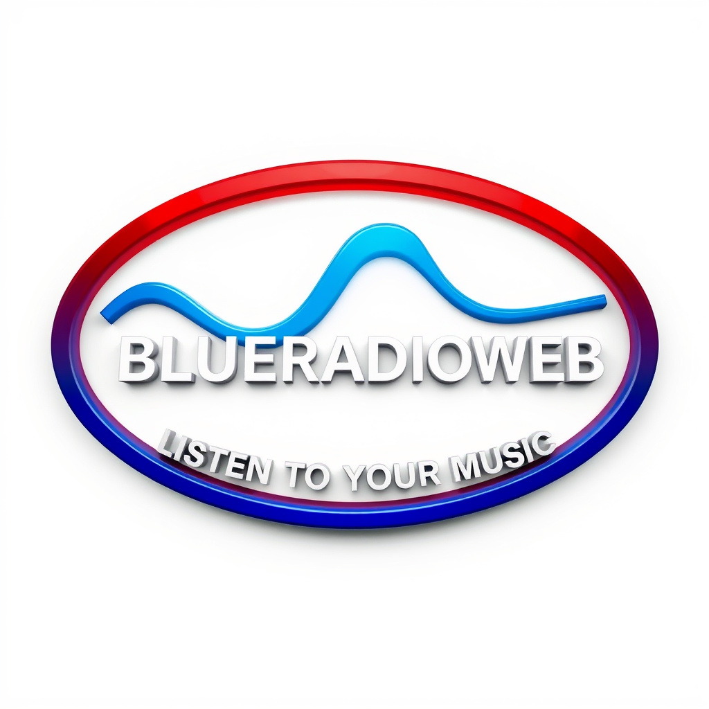 3D Logo idea: 3D logo for BLUERADIOWEB LISTEN TO YOUR MUSIC a music brand form wave, white blue red , three-dimensional render, realistic depth and shadows, glossy
