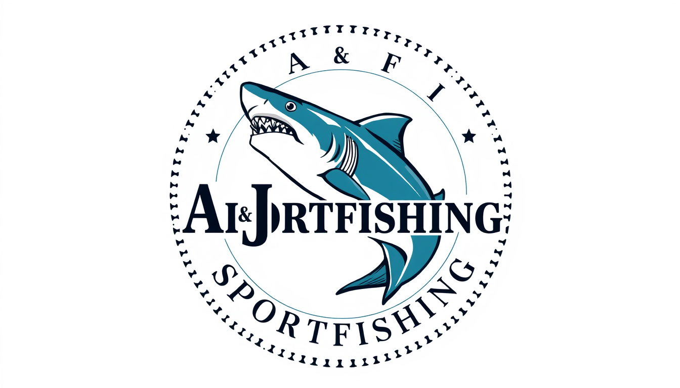 Emblem Logo idea: emblem logo of Make the shark look like it is eating the Exact text: A & J SPORTFISHING. , intricate crest seal badge design, symmetrical emblem, deta