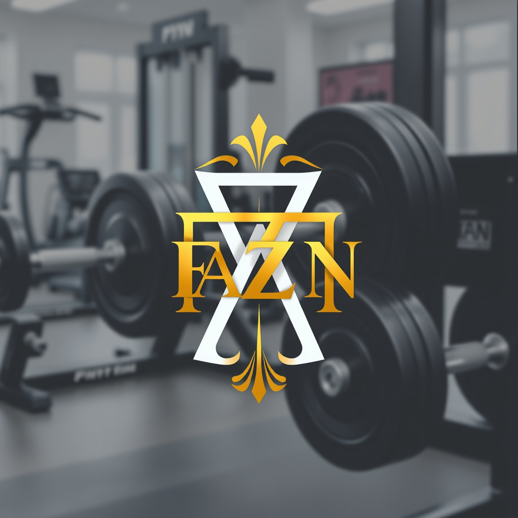 Main logo studio: elegant monogram logo combining letters FAZN gold, luxury brand “Create a logo for my gym named FAZN . gym like things ex: dumbels machine background 