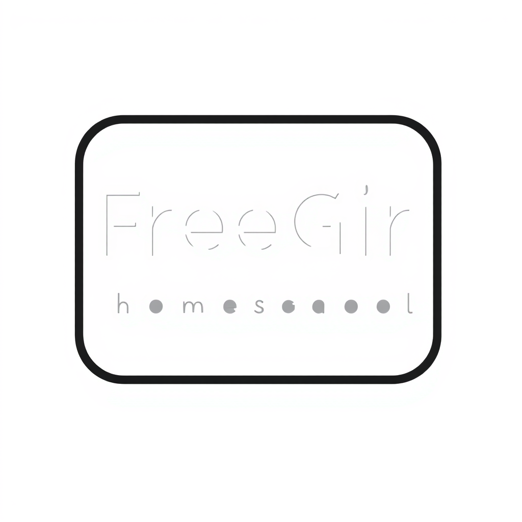 Badge Logo idea: badge logo for FreeGirl homeschool , bold badge design, text enclosed in a rounded rectangular or circular badge shape, thick border, clean typography