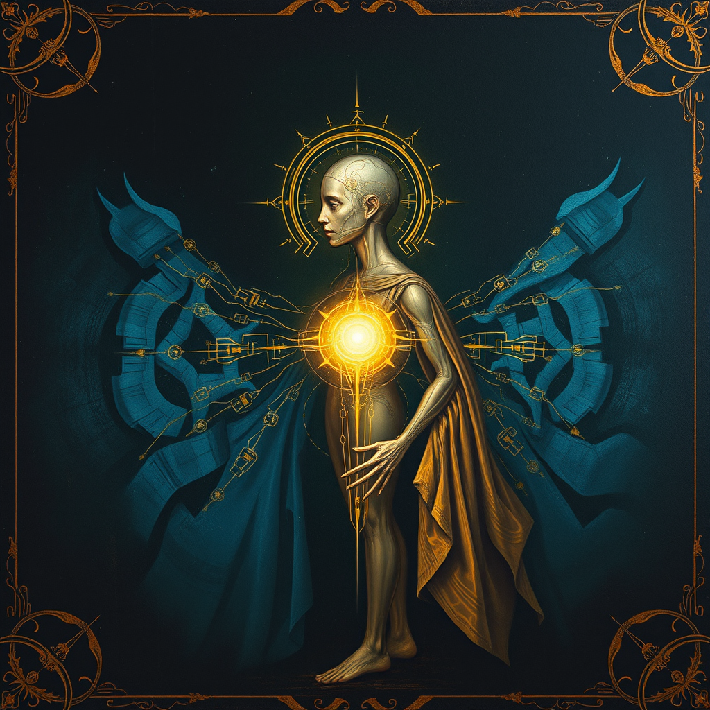 Main logo studio: A philosophical painting for a documentary background. A unique symbol representing Anthryonism: the relationship between humanity and its creations. 