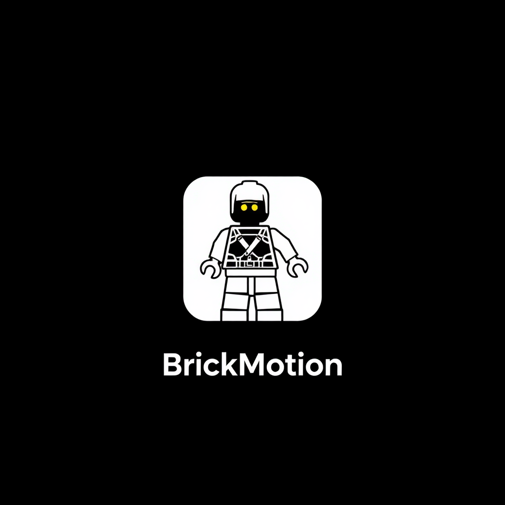 Main logo studio: Minimalist logo for a LEGO stop motion YouTube channel called BrickMotion, stylized brick-built minifigure silhouette, cinematic action vibe, black ba