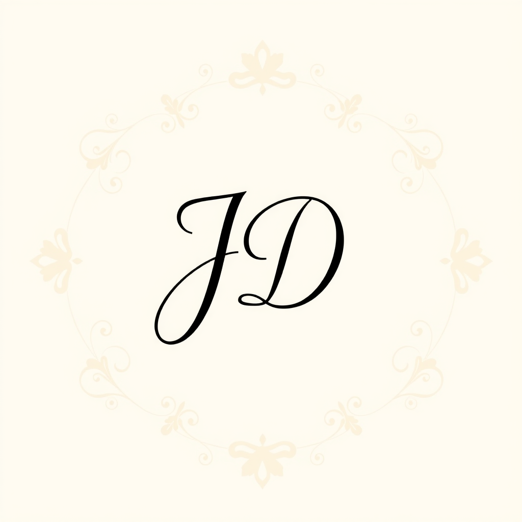 Main logo studio: Logo épuré et élégant pour la vente de pâtisserie. Écriture de type handwriting des initiales J D. Decorations fines et élégante en dessus et en desso