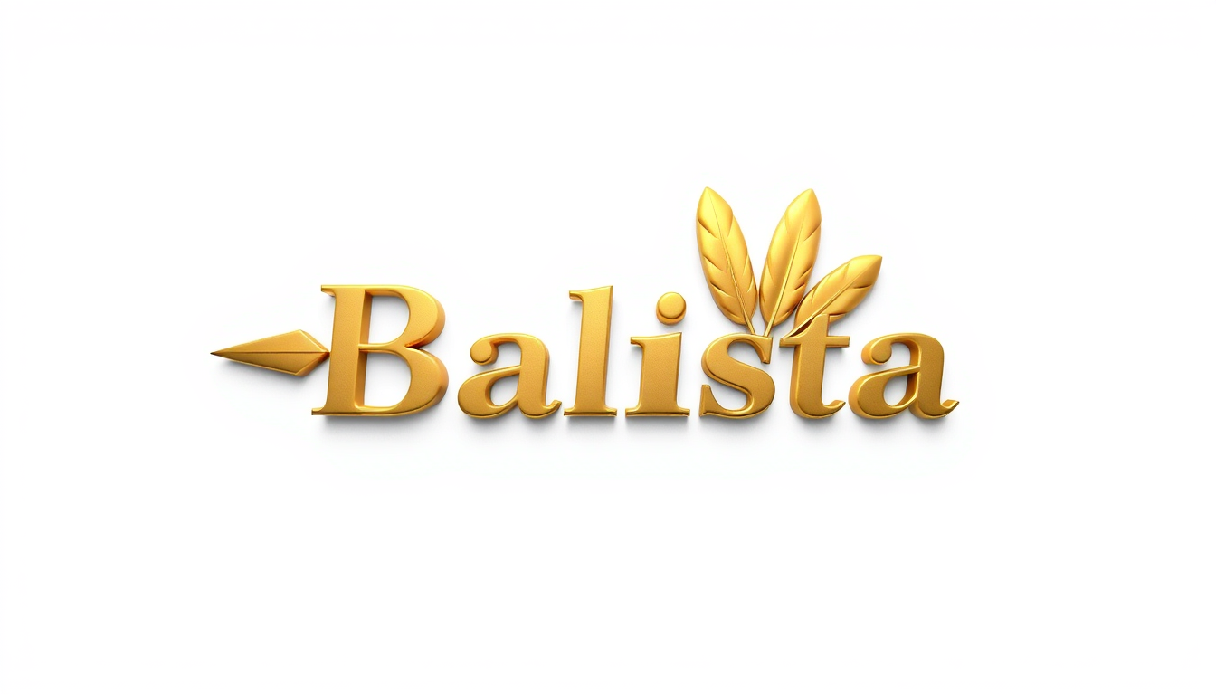 3D Logo idea: 3D logo for 3D metallic gold logo spelling “Balista” exactly. Arrowhead on the left, the word forms a short shaft, three feathers on the right. Sleek,