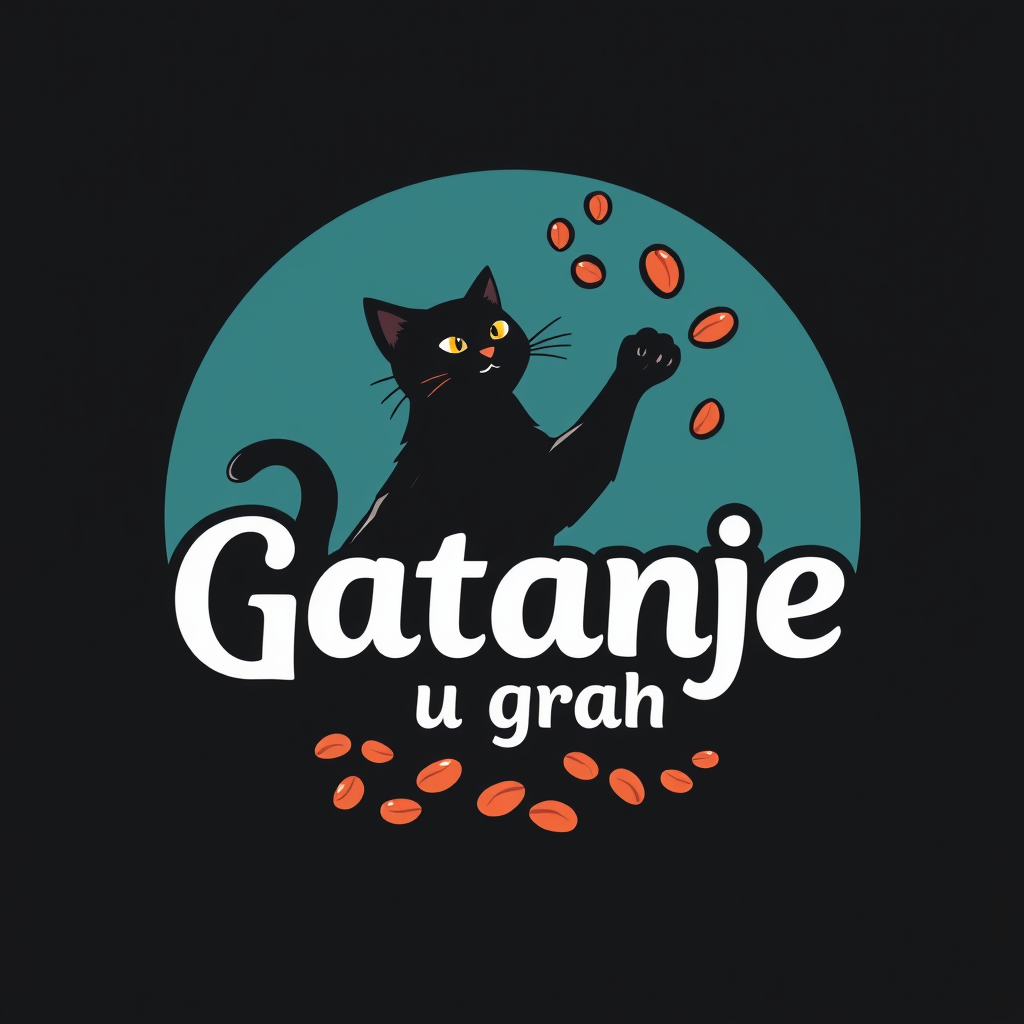 Main logo studio: App is Gatanje u grah. The logo should show a black cat throwing "beans" and the beans (gatanje) but the suggestion for cat's paw's beans and beans fo