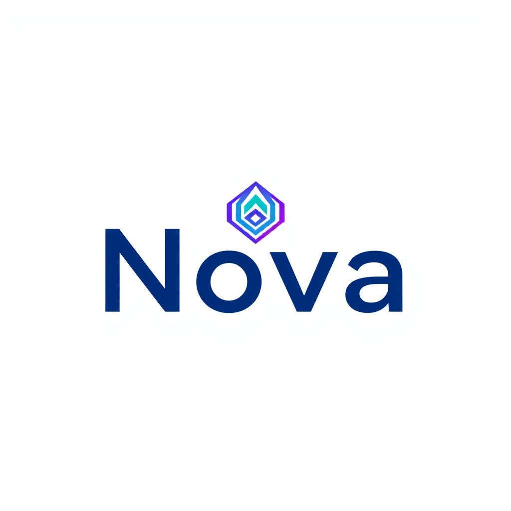 Wordmark Logo idea: wordmark logo of abstract geometric icon logo for an AI tech startup named Nova, blue and violet , bold clean typography, flat vector logo, centered,