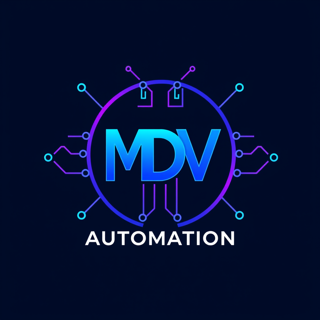 Main logo studio: Premium MDV Automation logo. Create ONE integrated electronic circuit symbol with MDV inside it. The M, D and V must be physically connected and inter