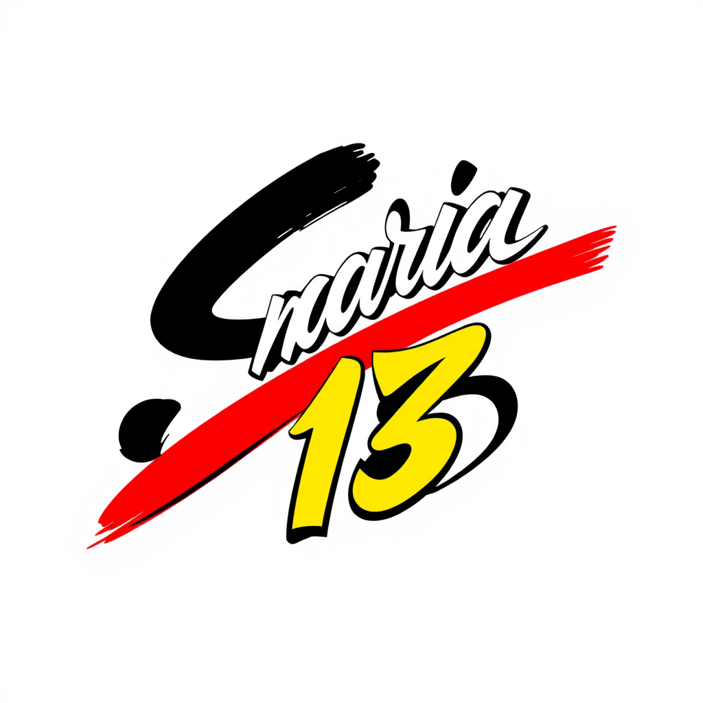 Main logo studio: artistic sign with name maria, letter s and number 13. Make it expressive and bold, with calligraphic strokes, an underground artistic feel, distincti
